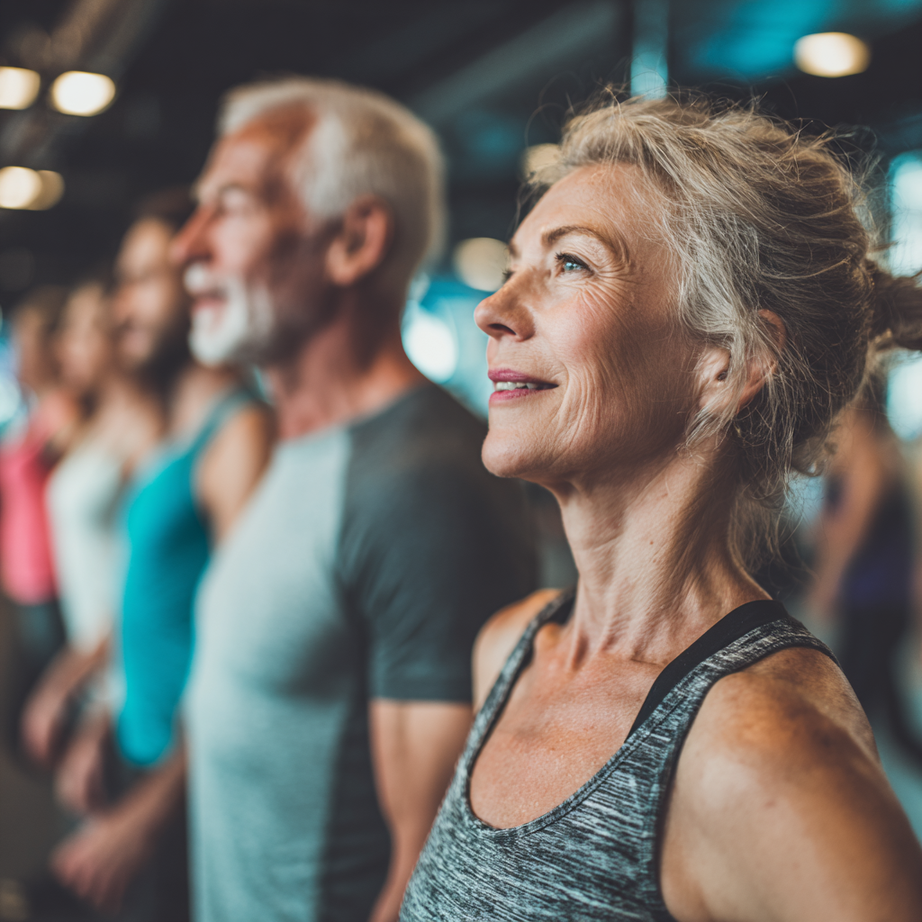 Mature adults participating in group fitness training session