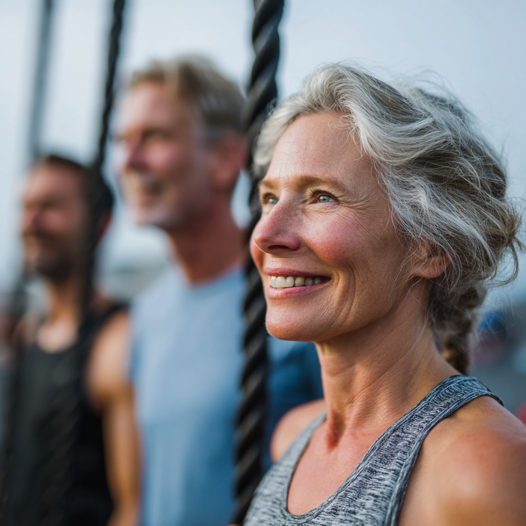 Middle aged adults enjoying outdoor fitness activities together